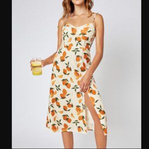 Women NWT L Cider Orange Lemon Print Citrus Midi Dress Tie Shoulder Strap Slit